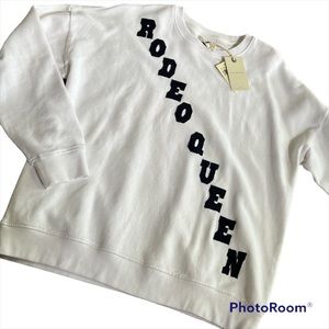 NWT LUCKY BRAND RODEO QUEEN PULLOVER CREW NECK WHITE SWEATSHIRT, OVERSIZED. SZ:S